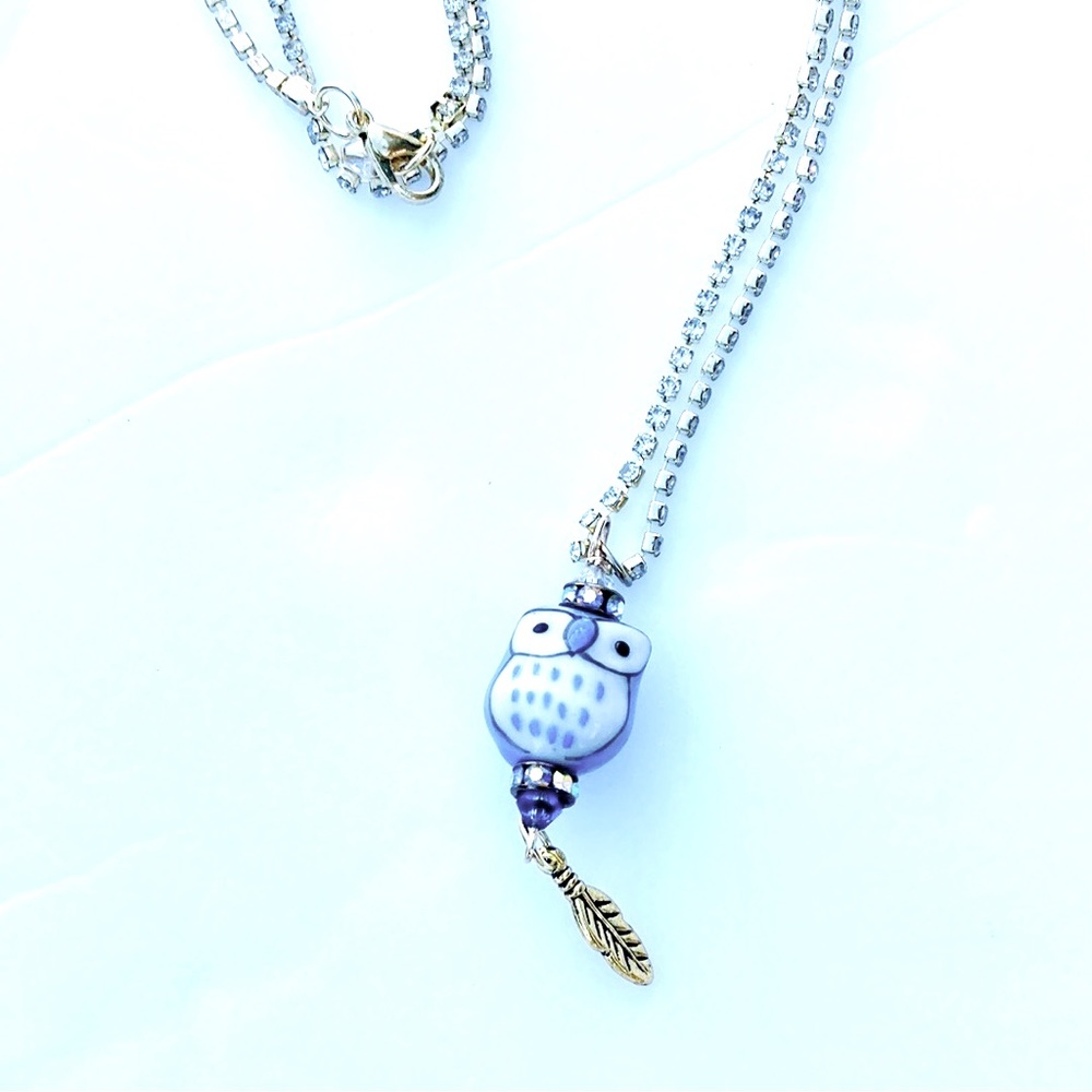 Handcrafted Rhinestoned Owl Necklace